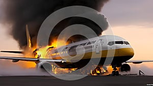 A burning plane. The plane crashed to the ground. The concept of a plane crash. Selective focus Generative.
