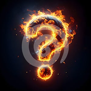 Burning question mark fire flame on dark black background