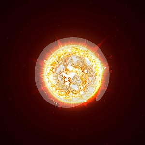 Burning realistic 3D sun, flashes, glare, flare, sparks, flames, heat and fire rays. Orange, hot, cosmic red planet on a