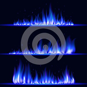 Burning realistic blue fire flames. Glowing particles. Light effect, campfire.