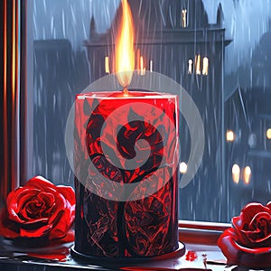 A burning red candle in front of a window.