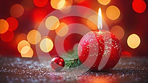 Burning red candle with christmas decorations against red background with copy space
