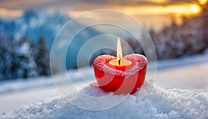 Burning red candle in shape of heart on the snow, blurred background. Winter love holiday. Valentine's Day