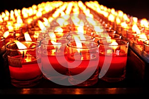 Burning red candles. Candles light background. Candle flame at night.