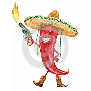Burning red pepper. The Mexican character. Watercolor.