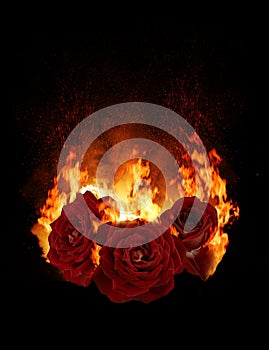 Burning red rose, dark atmospheric mood, fantasy background