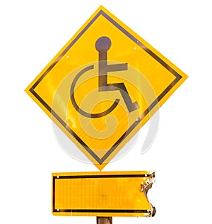 Burning of Reserved parking for Handicapped Only sign with copy space beneath isolated on white background.