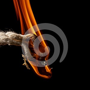 Burning rope at breaking point on black background, Risk concept