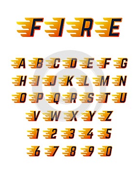 Burning running letters with flame. Hot fire vector font alphabet for racing car