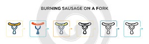 Burning sausage on a fork vector icon in 6 different modern styles. Black, two colored burning sausage on a fork icons designed in