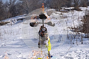 Burning scarecrow on festival maslenitsa. Slavic national spring pagan festival - Maslenitsa.