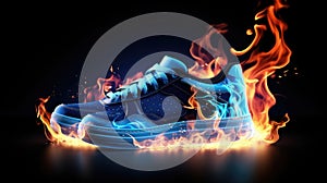 Burning shoes. Sneakers or gym shoes on fire. burnout from physical exertion, training