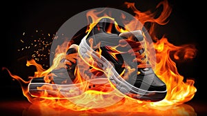 Burning shoes. Sneakers or gym shoes on fire. burnout from physical exertion, training