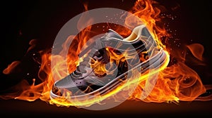 Burning shoes. Sneakers or gym shoes on fire. burnout from physical exertion, training