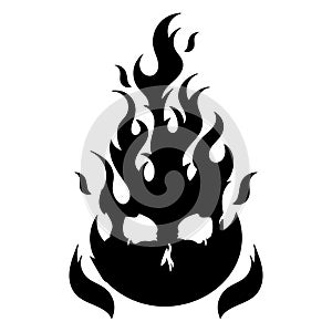 Burning skull on fire, black icon illustration. Gothic design for prints. Comic style. T-shirt print for Horror or Halloween.