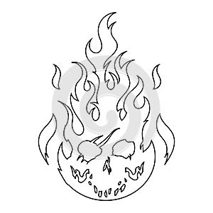 Burning skull on fire, line icon illustration. Gothic design for prints. Comic style. T-shirt print for Horror or Halloween.