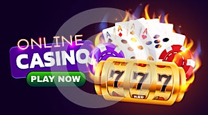 Burning slot machine, dices, poker cards wins wins the jackpot. Fire casino concept. Hot 777.