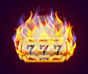 Burning slot machine wins wins the jackpot. Fire casino concept. Hot 777