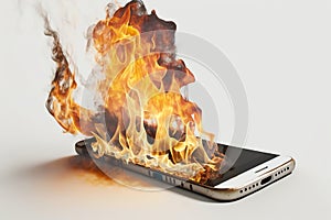 Burning smartphone. Mobile phone in fire. Smartphone explosion, blow up cellphone battery or explosive mobile phone