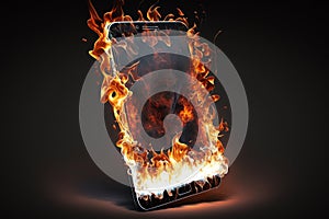 Burning smartphone. Mobile phone in fire. Smartphone explosion, blow up cellphone battery or explosive mobile phone