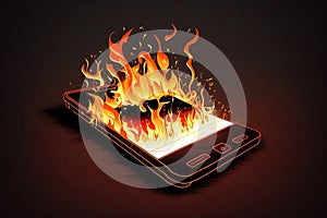 Burning smartphone. Mobile phone in fire. Smartphone explosion, blow up cellphone battery or explosive mobile phone