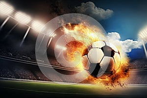 burning soccer ball on fire flying over a stadium. Generative AI