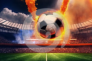 burning soccer ball on fire over a football stadium. Generative AI