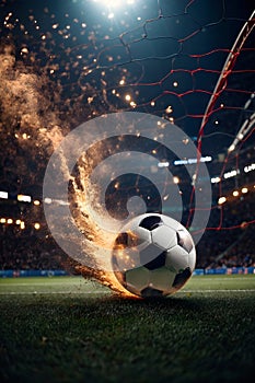 the burning soccer ball flies into the goal with strong energy