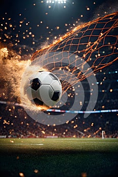 the burning soccer ball flies into the goal with strong energy