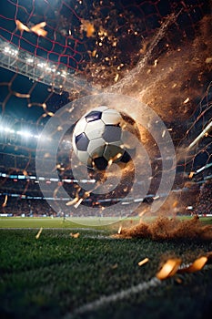 the burning soccer ball flies into the goal with strong energy