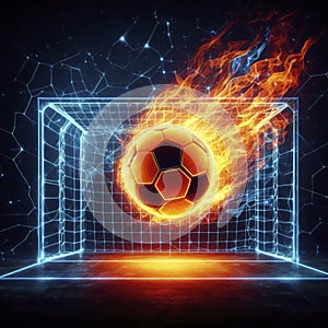 burning soccer ball flying into the goal. ai generative