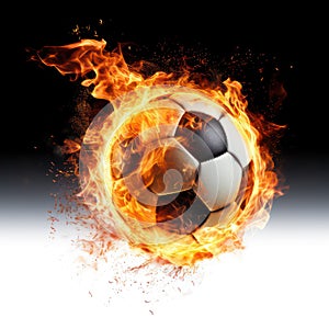 Burning soccer ball isolated on white created with Generative AI. Hot flames in motion.