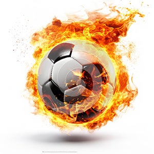 Burning soccer ball isolated on white created with Generative AI. Hot flames in motion.