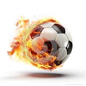 Burning soccer ball isolated on white created with Generative AI. Hot flames in motion.