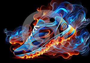 Burning sport shoe with fire red and blue flames under sole on black background