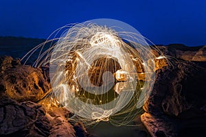 Burning steel wool being spun