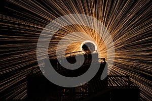 Burning steel wool scattering sparks
