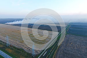 Burning straw in the fields after wheat crop