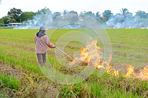 Burning straw stubble farmers when the harvest is complete.