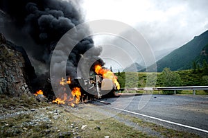 Burning tank car road accident