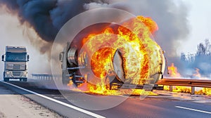 Fiery chaos engulfs the road, as a tanker truck erupts in flames.