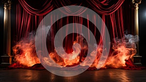 Burning Theatre Stage with Red Velvet Curtains On Fire. Generative AI