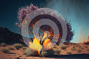 Burning thornbush in the desert. Generative AI