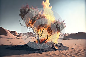 Burning thornbush in the desert. Generative AI