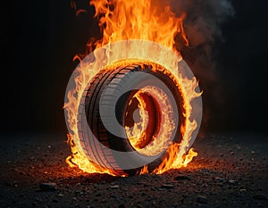 Burning tire on dark background. Tire ablaze with intense orange flames. Dramatic image of tire fire. Vehicle part on dark photo