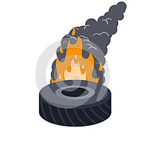 Burning tire. The old wheel. The problem of urban garbage and ecology