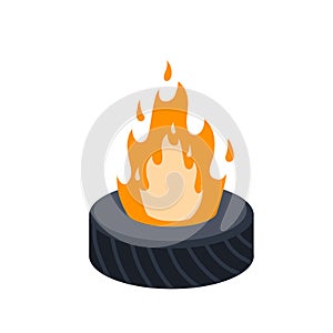 Burning tire. The old wheel. The problem of urban garbage and ecology