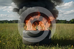 Burning tires emit strong flames and clouds of black fumes