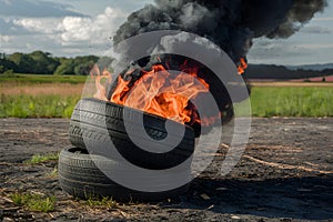 Burning tires emit strong flames and clouds of black fumes