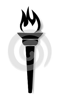 Burning torch black and white vector icon with shadow, victory o